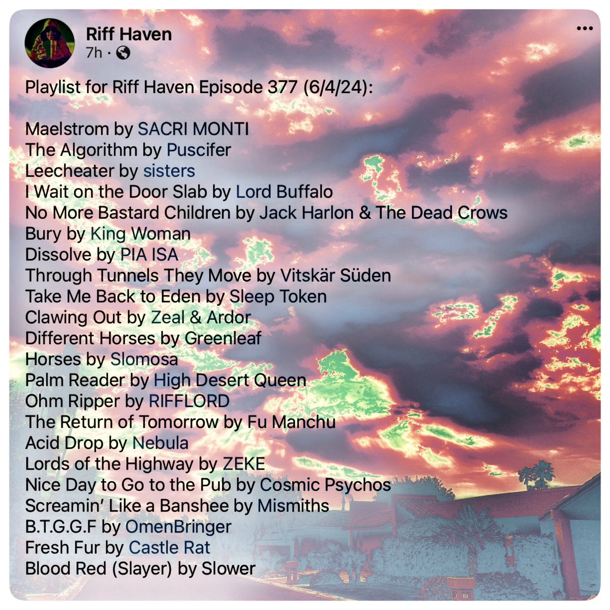 RiffHaven's tweet photo. #RiffHaven #radioboise #SacriMonti #Puscifer #Sisters #LordBuffalo #JackHarlonandtheDeadCrows #KingWoman #PiaIsa #VitskarSuden #SleepToken #ZealandArdor #Greenleaf #Slomosa #HighDesertQueen #Rifflord #FuManchu #Nebula #Zeke #CosmicPsychos #Mismisths #OmenBringer #CastleRat https://t.co/DBbxjbRlRv