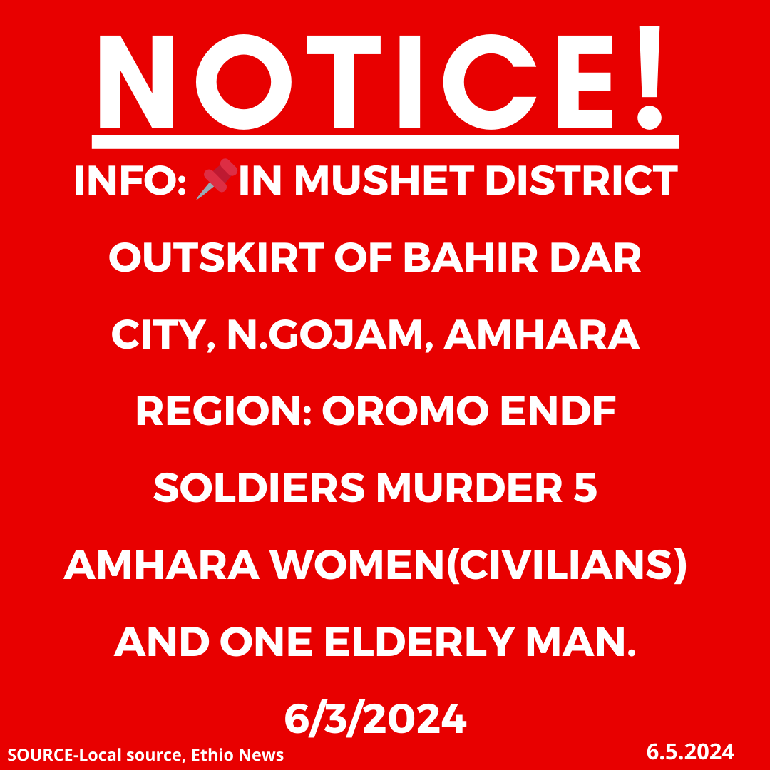 xotrinx1's tweet photo. INFO: ๐In Mushet district outskirt of Bahir Dar city, N.Gojam, Amhara region: Oromo ENDF soldiers murder 5 Amhara women(civilians) and one elderly man. 6/3/2024
#Ethiopia #Xotrin #AmharaRegion #FanoForces #Gonder #Gojam #Wello #Shewa #AmharaResistance #AmharaGenocide #OromoENDF https://t.co/8j7K5eMNe0