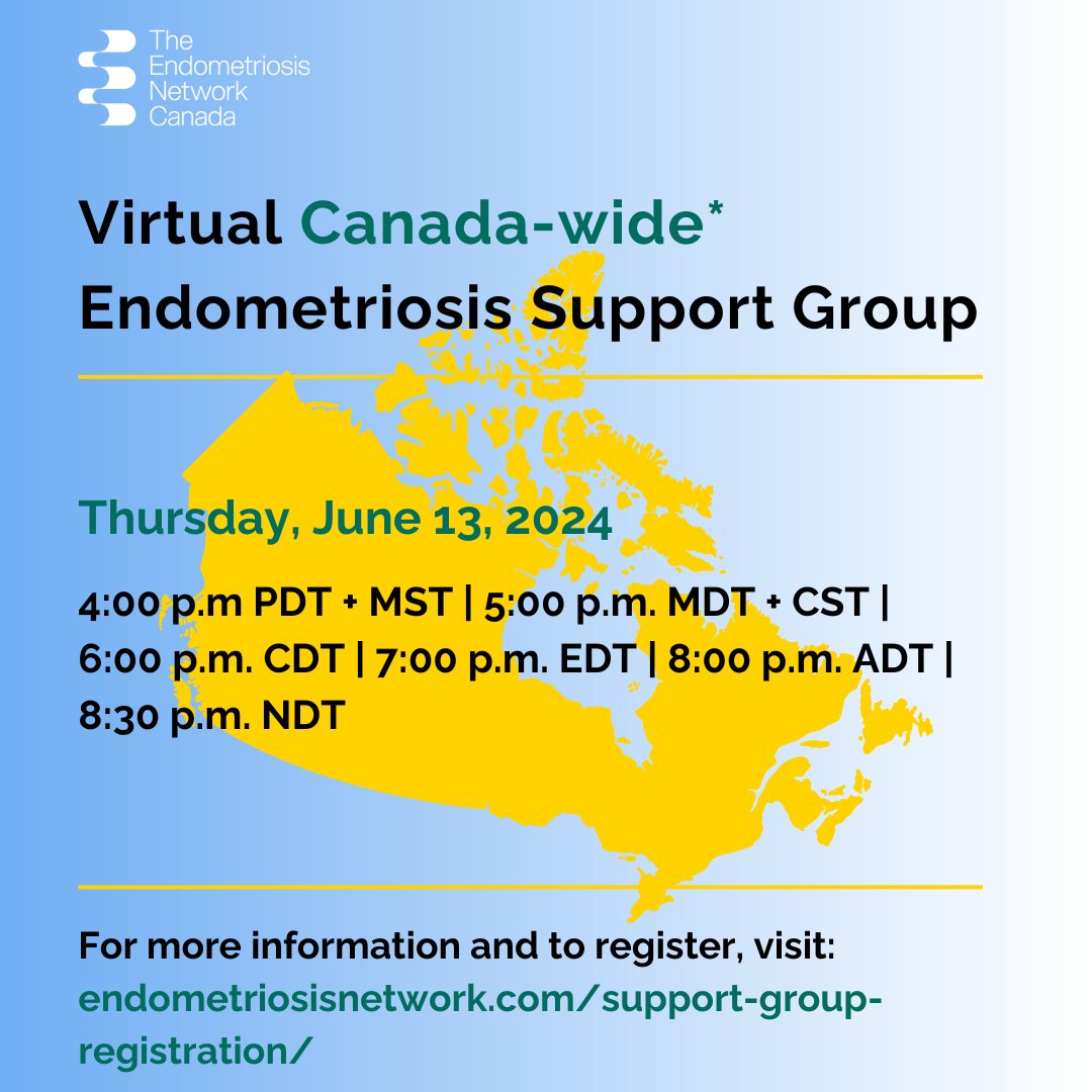 Mark your calendars for the June virtual, Canada-wide* endometriosis support group meeting on Thursday, June 13th, at 7 p.m. EDT over zoom. For more information and to register, visit: endometriosisnetwork.com/support-group-…

#JuneVirtualSupportGroup #Endometriosis #Endo #EndometriosisSupport
