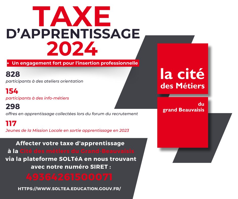 CDMjeunes_Bvs's tweet photo. 📚 [TAXE D’APPRENTISSAGE 2024] 📚
👉La Cité des métiers/MEF du grand-Beauvaisis est éligible au versement de solde de la taxe d’apprentissage !
Pour plus d’informations, n’hésitez pas à regarder notre article  : https://t.co/nZ8UotkrBF https://t.co/d8t0lwqbNK