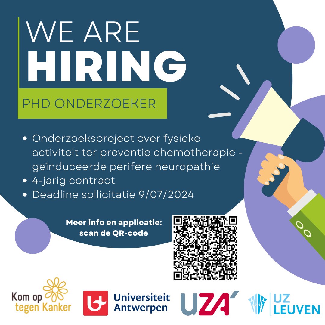 📣 Job Alert!  🚀Ben je gepassioneerd door onderzoek en wil je bijdragen aan een onderzoeksproject in oncologische revalidatie? Wij zijn op zoek naar een gemotiveerde collega om ons team te versterken. 👇uantwerpen.be/nl/jobs/vacatu……
@komop_tgkanker <a href="/UZLeuven/">UZ Leuven</a> <a href="/UZAnieuws/">UZA</a> #phd