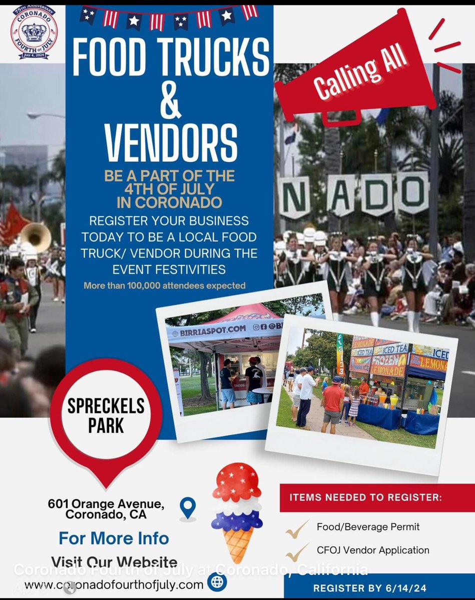 CoronadoFourth's tweet photo. Still looking for food trucks and food vendors in #coronado on @CoronadoFourth of July‼️🇺🇸‼️ Big crowds. Space is limited. #foodtrucks #tacotrucks #hotdogs https://t.co/defBcdtq8a