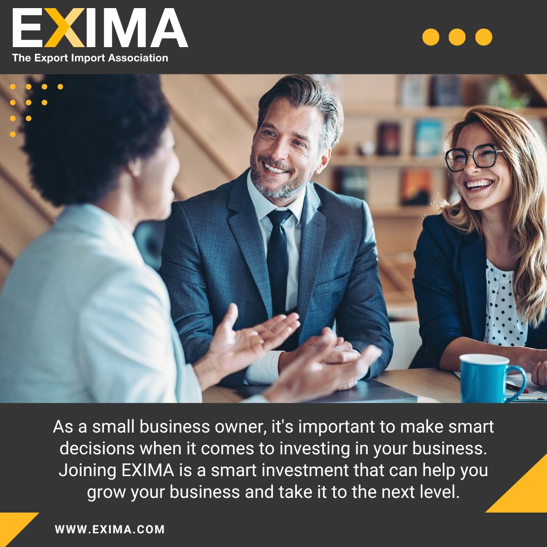 As a small business owner, it's important to make smart decisions when it comes to investing in your business. Joining EXIMA is a smart investment that can help you grow your business and take it to the next level.

#EXIMA #internationaltrade #globaltrade