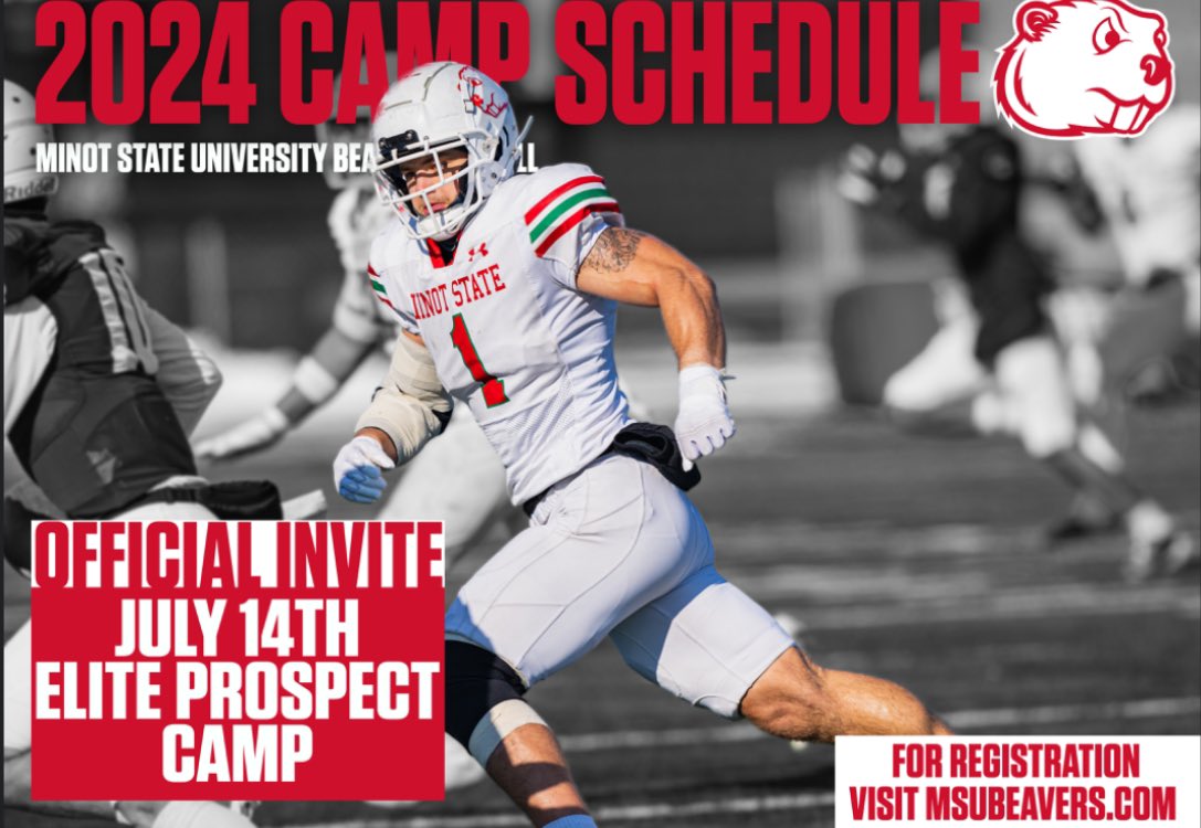 Thank you <a href="/CoachFam/">Coach Mike Famiglietti “Fam”</a> for the personal invite to the <a href="/MSUBeaversFB/">Minot State Football</a> Elite prospect camp invite. Can’t wait to show my skills!