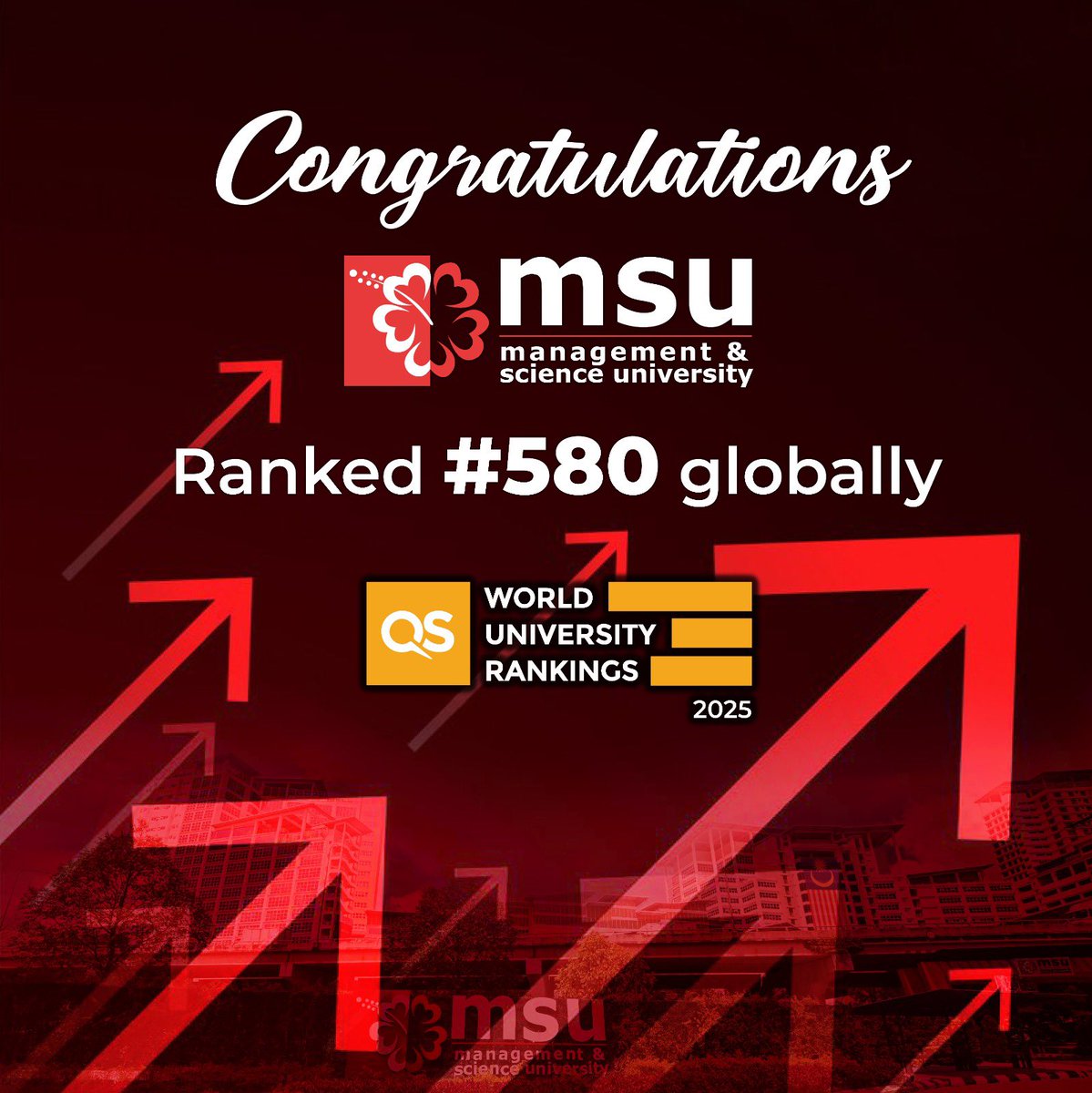 MohdShukriYajid's tweet photo. Amazing! @MSUmalaysia has proudly positioned itself at top #580 in the latest QS World University Rankings 2025. We are placed as one of the world's top universities in Malaysia! Congrats to our university &amp; industry partners, alumni and all #MSUrians. #QSWUR2025 #MSUMalaysia https://t.co/tRvmKh4ZNo