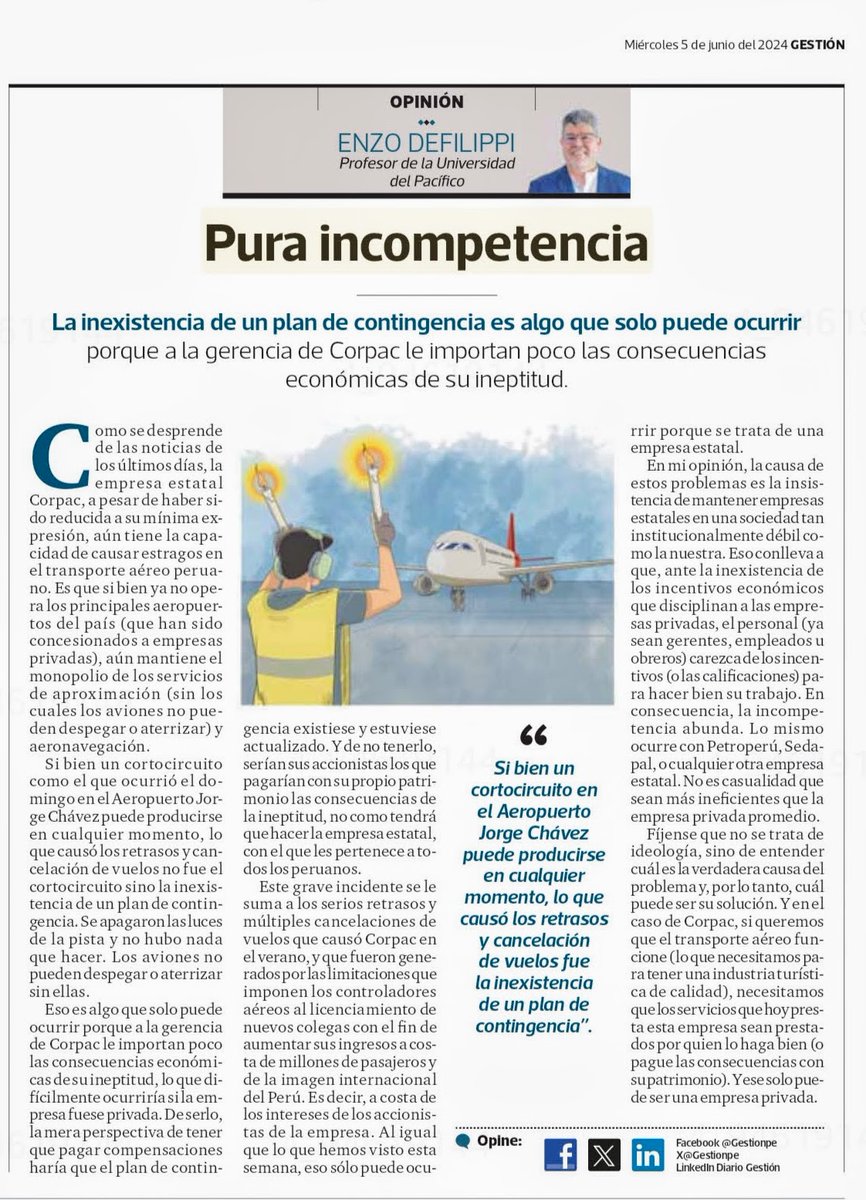 enzodef's tweet image. No fue un cortocircuito lo que ocasionó los problemas del domingo en el aeropuerto. Fue la falta de un plan de contingencia. Eso solo puede ocurrir porque en una empresa pública como #Corpac importan poco las consecuencia económicas de la ineptitud #Peru #Aeropuertos #Transporte