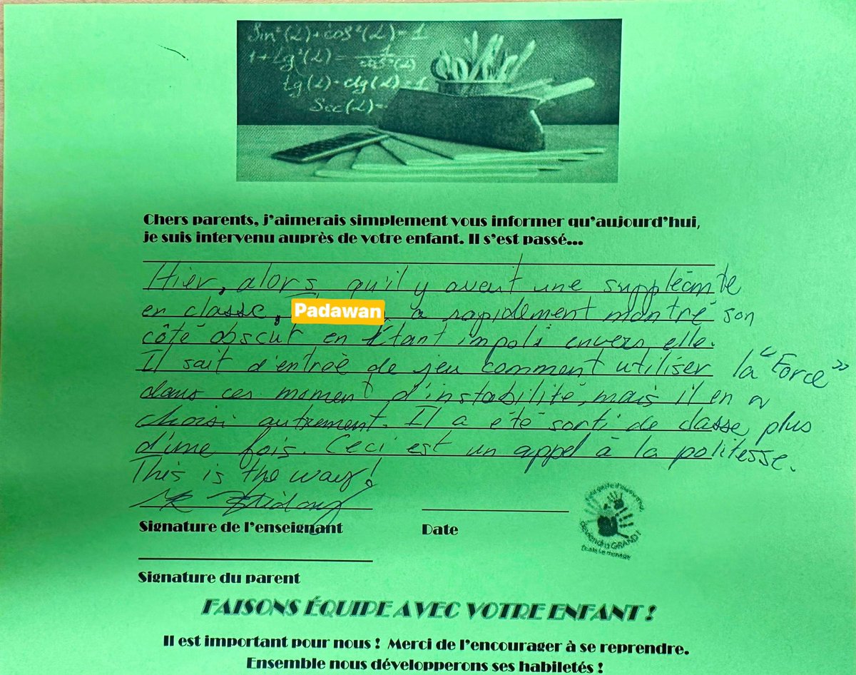 Un retour sur un comportement à la Star Wars. Parler d’un côté obscur, c’est aussi reconnaître cette force chez les jeunes. C’est de comprendre que les écarts de conduite, sont des moments d’apprentissage. Mes jeunes, tout comme moi, sommes des Padawans. #thisistheway
