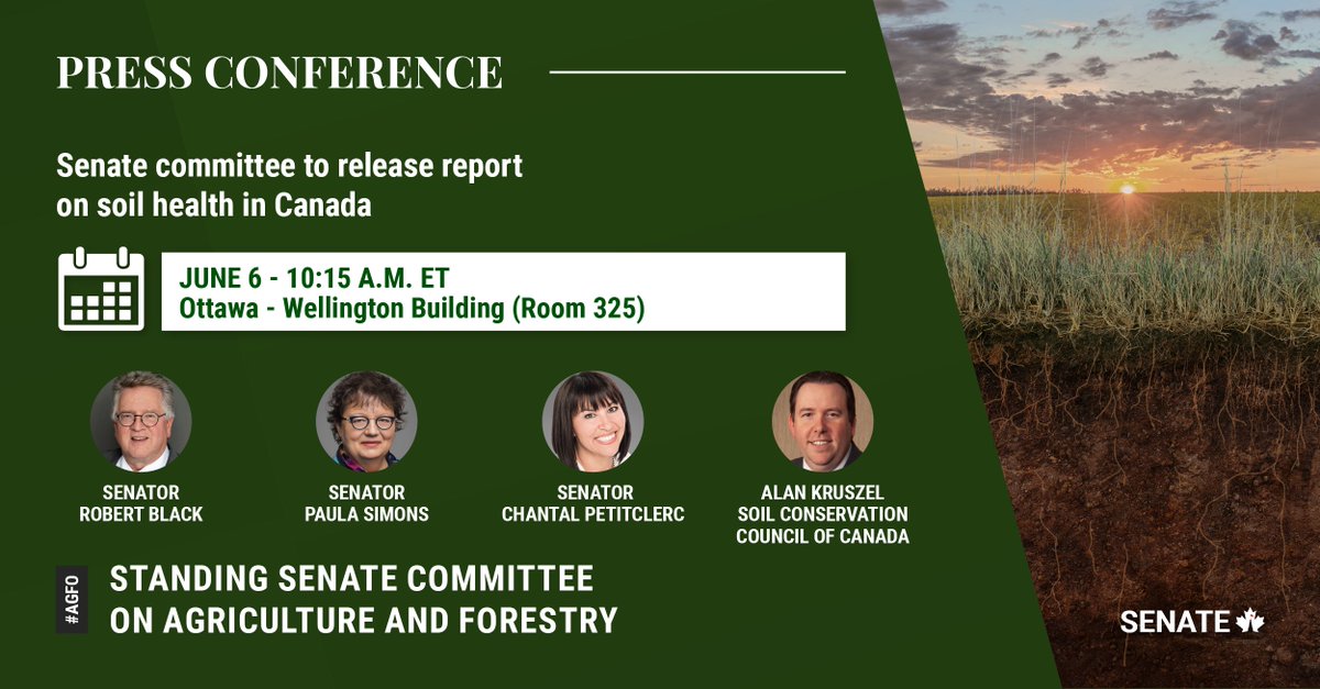 (1/3) TOMORROW: The Senate Committee on Agriculture and Forestry, will hold a press conference to release its report on Canadian soil health.

#SenCA #AGFO #CdnPoli