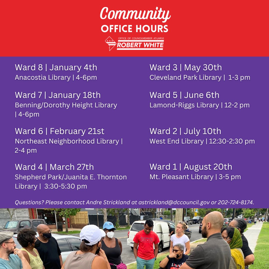 CMRobertWhiteDC's tweet photo. My next #CommunityOfficeHours are tomorrow, June 6th in #Ward5! Come meet with me at the Lamond-Riggs Library anytime between 12-2 pm and let me know the pressing issues on your mind right now. https://t.co/Cdw0ZuMvfk