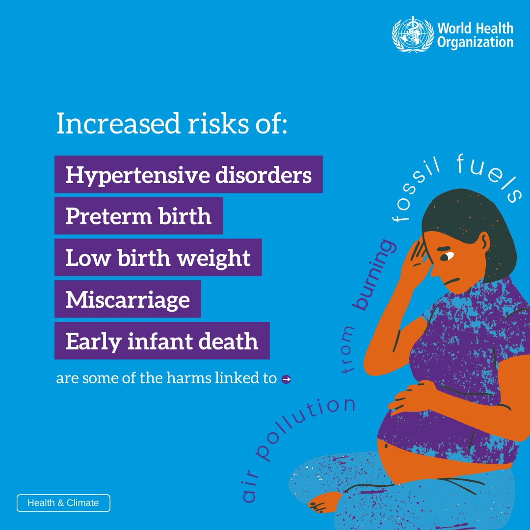 WHO's tweet photo. The climate crisis threatens the health of pregnant women and babies in many ways.
It can lead to:
🔸 Pregnancy complications
🔸 Preterm birth and low birthweight
🔸 Stillbirth
🔸 Respiratory disorders
🔸 Vector-borne diseases
🔸 Dehydration
🔸 Mental distress

https://t.co/51S1UW3PqC