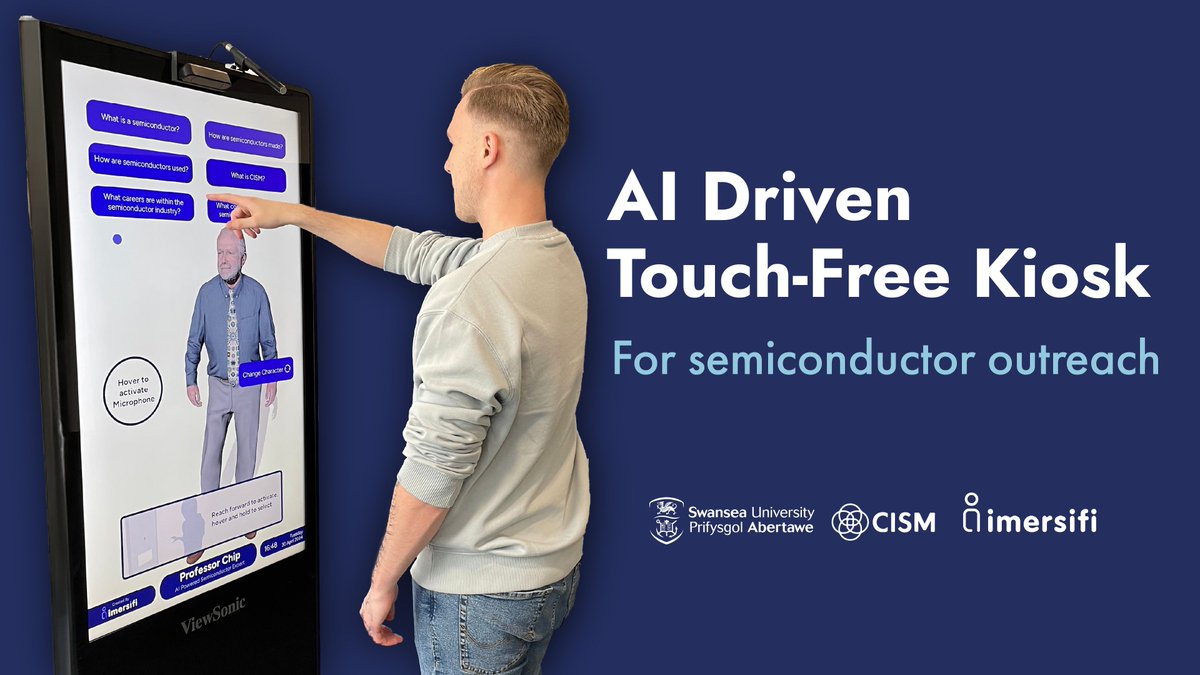 imersifi's tweet photo. Imersifi, in collaboration with Swansea University, proudly launches a TouchFree AI Kiosk. Users can speak directly to AI personas, Professor Chip and Professor Nano, to ask questions and learn about semiconductor technology. 

https://t.co/yGDoY9fYNO 

@ultraleap @SwanseaUni https://t.co/WuLvwqHtHF