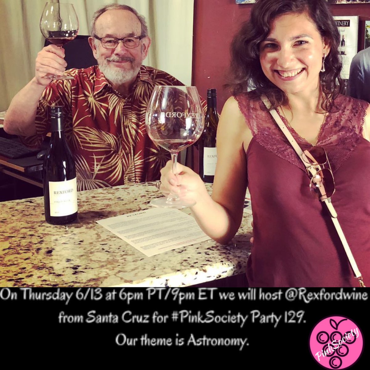 #PinkSociety (@thepinksociety_) on Twitter photo On Thursday 6/13 at 6pm PT/9pm ET we will host <a href="/Rexfordwine/">Rexford Winery</a> from Santa Cruz for #PinkSociety Party 129. Our theme is Astronomy. <a href="/boozychef/">boozychef</a> <a href="/jflorez/">Joe Florez</a> <a href="/IlliniMJ/">Mary Jane Wallace 🇺🇦🌻🟦</a> <a href="/DivaVinophile/">Sharon L</a> <a href="/SteveKubota/">Steve Kubota 🇨🇦</a> <a href="/mickeyfinn22/">Michael Smith</a> <a href="/SideHustleWino/">Cathie | Side Hustle Wino</a> On Thursday 6/13 at 6pm PT/9pm ET we will host <a href="/Rexfordwine/">Rexford Winery</a> from Santa Cruz for #PinkSociety Party 129. Our theme is Astronomy. <a href="/boozychef/">boozychef</a> <a href="/jflorez/">Joe Florez</a> <a href="/IlliniMJ/">Mary Jane Wallace 🇺🇦🌻🟦</a> <a href="/DivaVinophile/">Sharon L</a> <a href="/SteveKubota/">Steve Kubota 🇨🇦</a> <a href="/mickeyfinn22/">Michael Smith</a> <a href="/SideHustleWino/">Cathie | Side Hustle Wino</a>