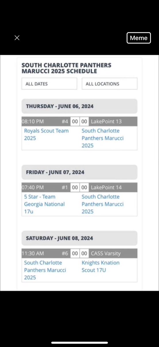 Here is our schedule for this weekend as we will be in Lakepoint Georgia with South Charlotte Panthers!! I will be coming in relief on Saturday June 8th at 11:30 vs Kinight Knation Scout. Ready to get after it and dominate💪  <a href="/PanthersProgram/">SCP Baseball</a> @PBR_Uncommitted <a href="/VHurley18/">VHurley18</a> <a href="/Trev0r8/">Trevor Clemons</a>