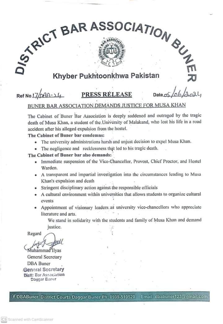 DrShahzad_'s tweet photo. ډسټرکټ بار ایسوسی ایشن بونیر د موسی خان په حق کې خپل غږ پورته کړو
#TerminateCheifProctor #TerminateProvost #JusticeForMusa #MalakandUniversity #Justice4MusaKhan #Malakand #UniversityofMalakand #TerminateVC https://t.co/x0VD4JTp9J