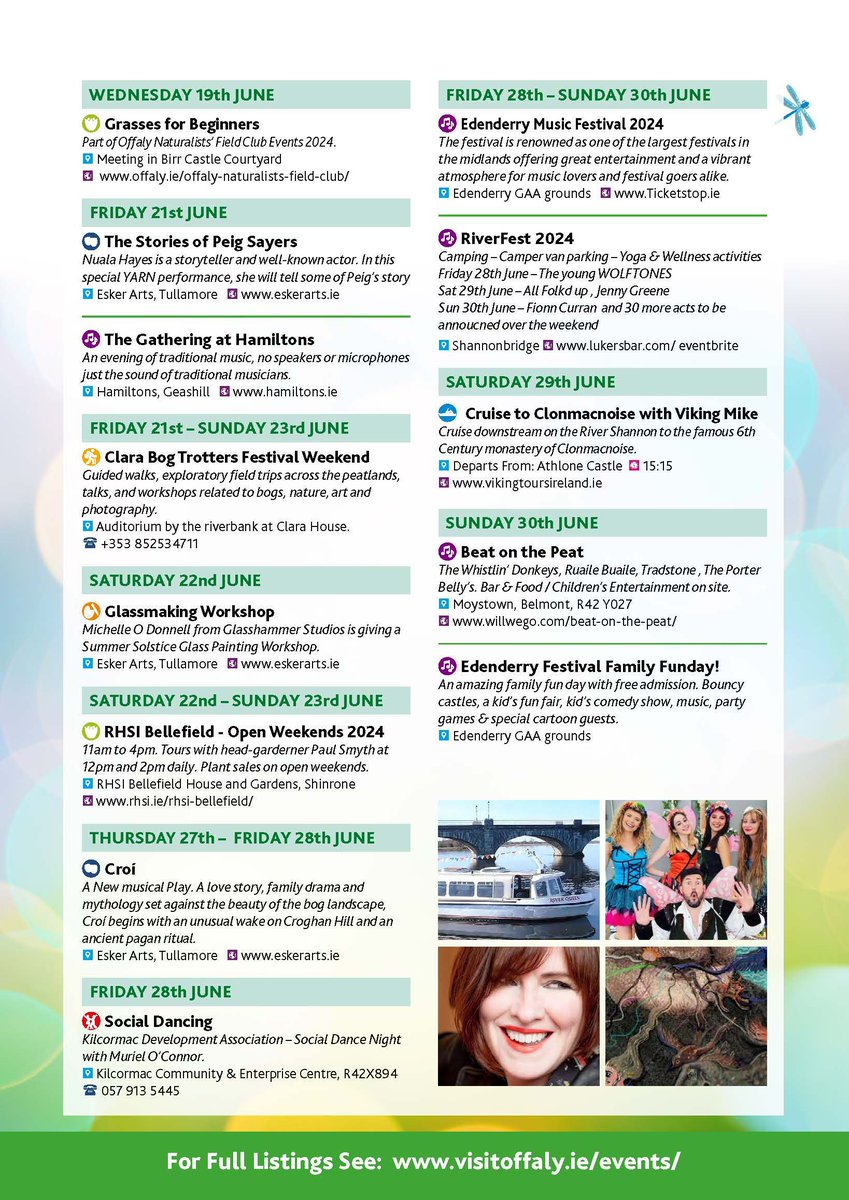Take a look at just SOME of the fantastic festivals and events taking place this month in our #VisitOffaly events guide! 
Find lots of info at buff.ly/3RoWMVa 
#Offaly #SpaceToExplore #IrelandsHiddenHeartlands 
<a href="/heartlandsirl/">Ireland's Hidden Heartlands</a> <a href="/offalycoco/">Offaly County Council</a> <a href="/midlandsireland/">MidlandsIreland.ie</a>