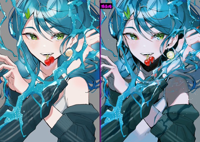 #添削 #親子イラストレーター
【元イラスト】@magsuke4869
https://t.co/o49A3GjsYb

全体に青味をかけると雰囲気でるなぁ…肌の血色も少し落としてます(サクランボが赤いので対比が強くなる) 