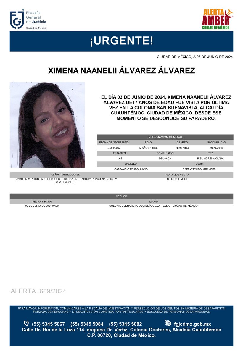 FiscaliaCDMX's tweet photo. Se activa #AlertaAmber para localizar a la menor de 17 años de edad, de nombre Ximena Naanelii Álvarez Álvarez, fue vista por última vez, el día 3 de junio de 2024 en la colonia San Buenavista, alcaldía Cuauhtémoc https://t.co/N6NJY9pZnX
