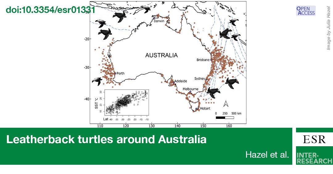 Endangered giant #LeatherbackTurtles depend on waters all around Australia - who knew? Just published study evaluates 30 years of leatherback sightings, strandings, and fishery interactions. bit.ly/esr_54_83