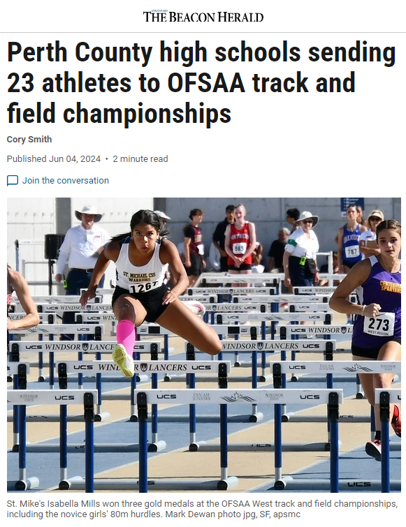 Congrats Isabella and all the @StMikesCSS athletes moving onto provincials!  Great pic, Mark!!  Coverage by <a href="/thebeaconherald/">BeaconHerald</a> t.ly/W8ejl  <a href="/HPCDSB/">Huron-Perth CDSB</a>