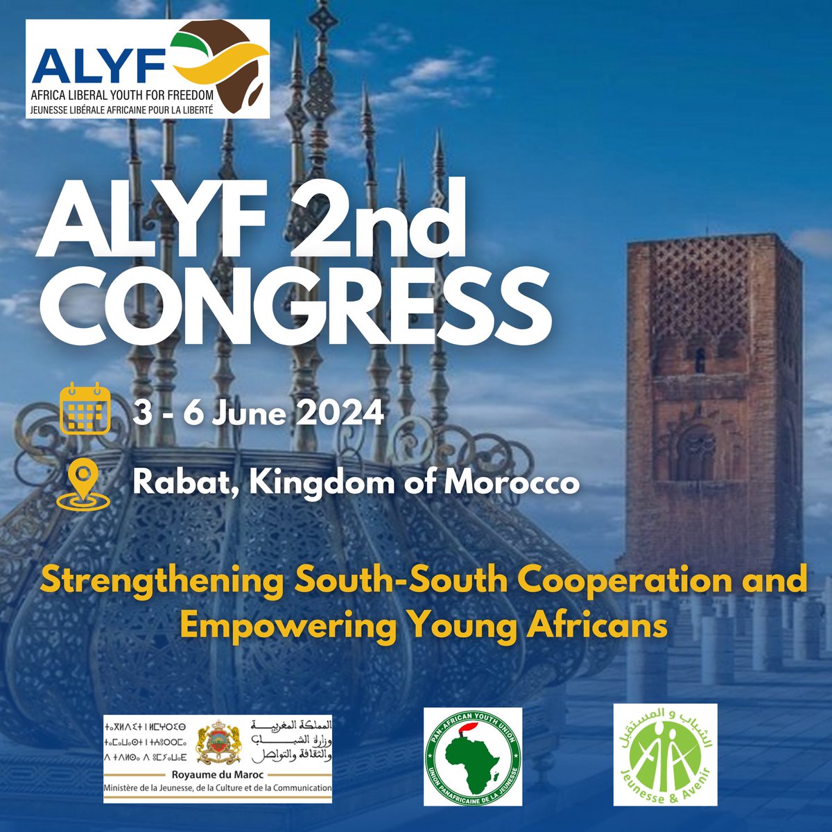 alyfafrica's tweet photo. #ALYF is thrilled to announce its 2nd Congress, which is taking place from June 03 to 06, 2024, in the vibrant city of Rabat, Kingdom of Morocco. 🇲🇦
This congress is held in partnership with @mjcc_gov Union Panafricaine De la Jeunesse and Jeunesse et Avenir.
#ALYFCongress2024 https://t.co/TnAIWSopLn