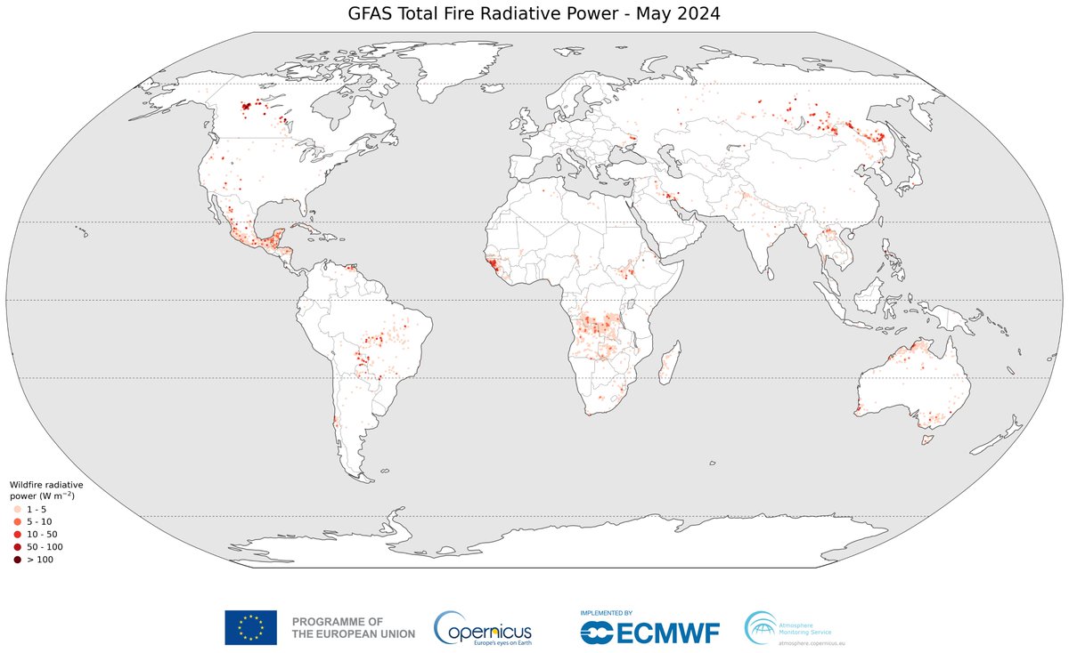 m_parrington's tweet image. Global #wildfires #openburning intensity &amp;amp; emissions for May 2024 in #CopernicusAtmosphere Monitoring Service GFAS data ads.atmosphere.copernicus.eu/cdsapp#!/datas…. Notable, &amp;gt; average fires, in NW Canada, Mexico, Central America &amp;amp; parts of S America but fairly typical global totals for (January-)May
