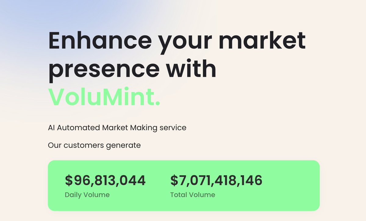 VoluMint's tweet photo. Our market maker just hit over 7 billion volume while still generating 100 million volume daily!

A lot of exciting updates and developments will launch in the days and weeks to come. Stay tuned and thanks for all the amazing support over the last months!

#AI #MM #Volumint $vMINT #Volume #MarketMaker