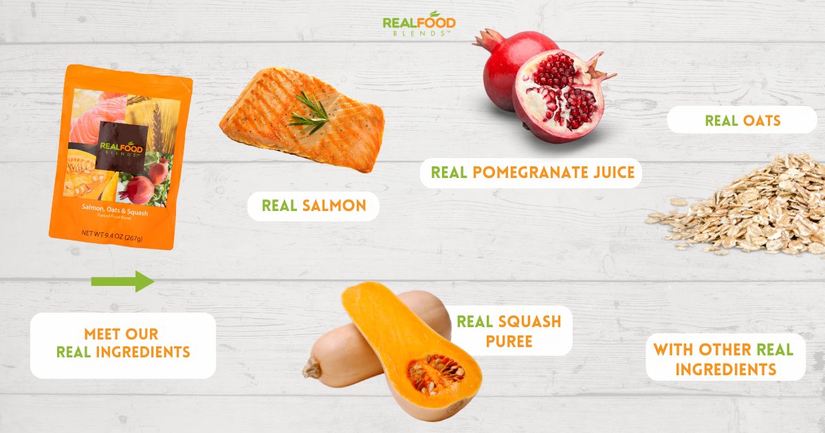 Try 100% Real Food – Salmon, Oats &amp; Squash is a blended puree of only 6 real food ingredients: Pomegranate Juice, Water, Squash Puree, Wild-Caught Salmon, Rolled oats, flaxseed Oil. For adults and children with feeding tubes.

Shop now: realfoodblends.com
#RealFoodBlends