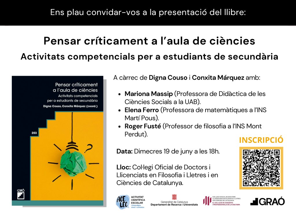 rogetus's tweet photo. 📚 "Pensar críticament a l'aula de ciències"
Dimecres 19 de juny. https://t.co/Cm6UieiyH4