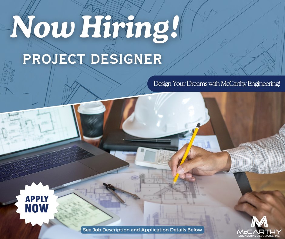 McCarthyEng's tweet photo. Now Hiring: Project Designer!
For more details about this position: https://t.co/zNQBy2neyK

Please email your resume to info@mccarthy-engineering.com to apply!

#McCarthyEngineering #MCE #ProjectDesigner #CareerOpportunity #JoinOurTeam https://t.co/A9oXbR7OZ2