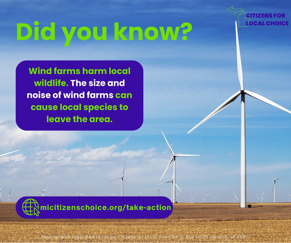 localchoicemi's tweet photo. The noise and size of wind farms can harm local wildlife, driving species away. Stay informed and take action to protect your local community and restore local control. Visit https://t.co/mnm9ugDqUq to request a petition!
#CitizensForLocalChoice #CLCMI #ProtectWildlife https://t.co/BEevlKiA00
