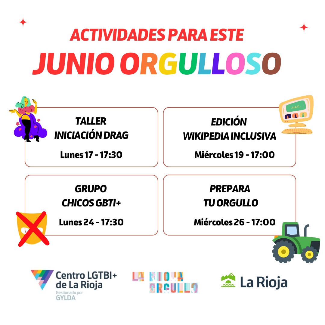 🏳️‍⚧️🏳️‍🌈 Nos sumamos al conjunto de actividades de #LaRiojaOrgullo con 4 propuestas muy interesantes que complementan la programación de gylda.lgbt/orgullo2024 a la perfección.

🌈 Más información en instagram.com/lgtbilarioja y presencialmente en el Centro LGTBI+ de La Rioja (Logroño)