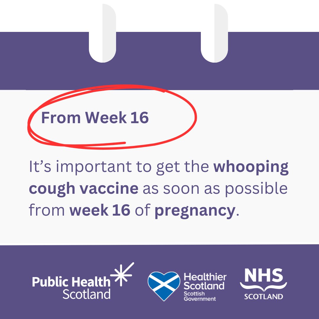 The whooping cough vaccine offers important protection during pregnancy. It also protects babies until they’re old enough to have their routine immunisation at 8 weeks old.
For more information, visit nhsinform.scot/whoopingcough

#WhoopingCoughScot