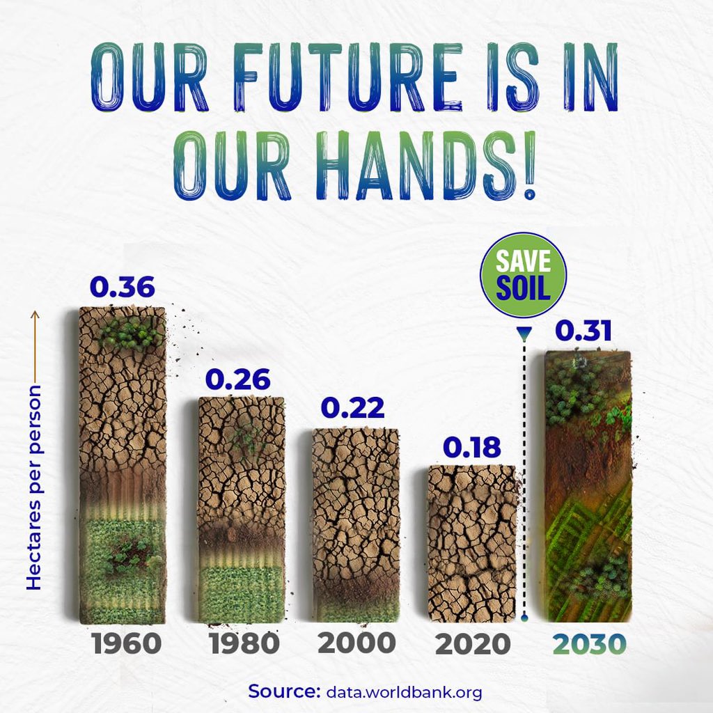 cpsavesoil's tweet photo. World Bank Data shows a steady decline in the amount of Arable land available per person. This means that our agricultural land is decreasing, which will inevitably lead to severe food shortages and famine.

But it's not too late! With the right soil policies, this trend can be reversed.

Action Now: https://t.co/uVnQCIZBeZ

Let us make it happen!

#savesoil #generationrestoration #savesoil4future