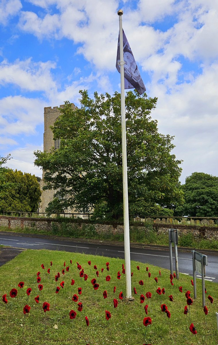 SwantonChairman's tweet photo. We have raised our Royal British Legion DDay80 flag and placed 80 knitted poppies courtesy of Dereham Crafters. Please do join us on the village green at 9.15pm tomorrow for the lighting of our village beacon
#DDay80 #DDay #RBL 
#wewillrememberthem https://t.co/9YaLWnE2eZ