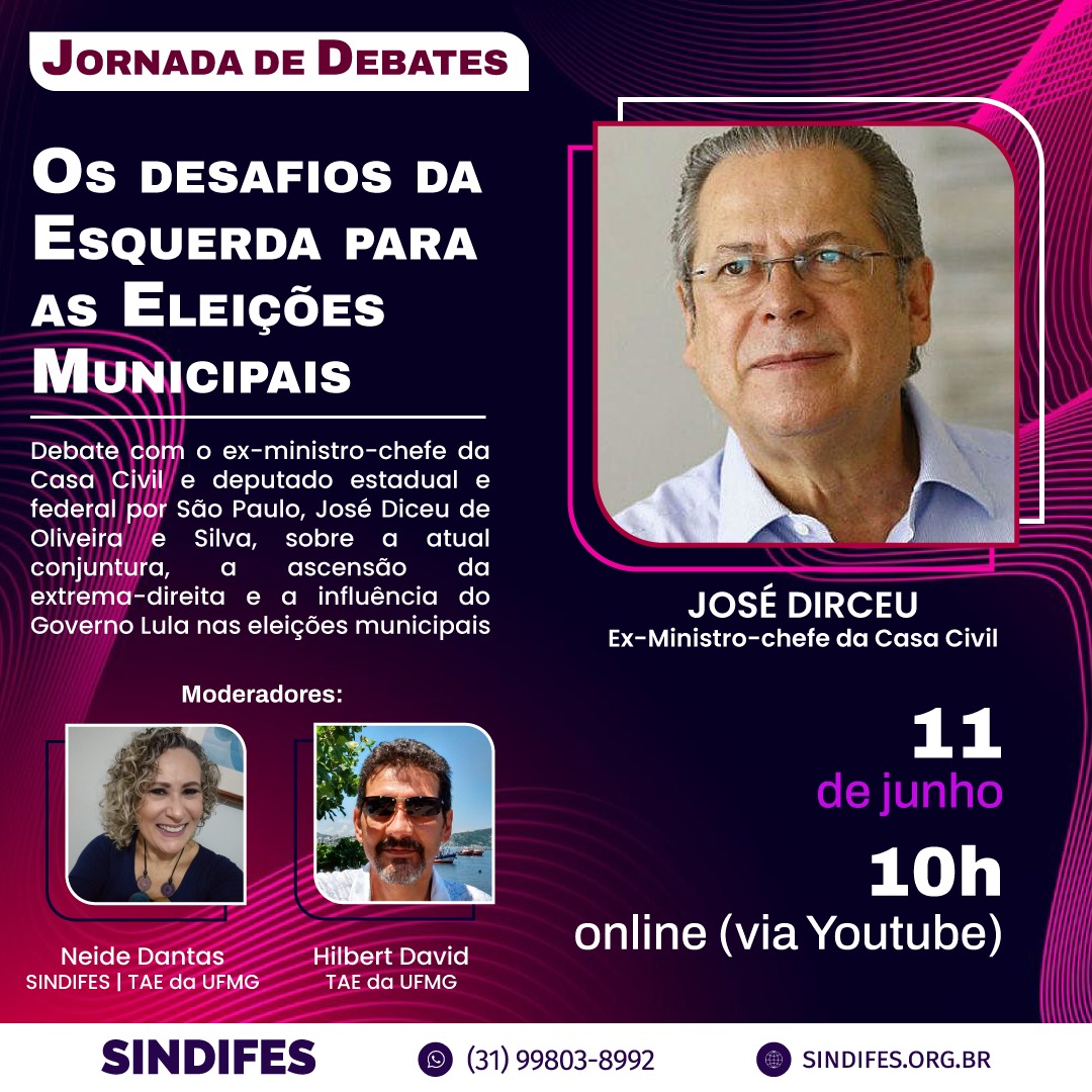 📢José Dirceu (PT), ex-Ministro da Casa Civil durante o primeiro mandato do Presidente Lula (2003-2005), realiza palestra em Atividade de Formação do SINDIFES na próxima terça, 11/6, às 10h. O evento será remoto, com transmissão pelo Youtube no link: youtube.com/live/9dk1F0f0K…