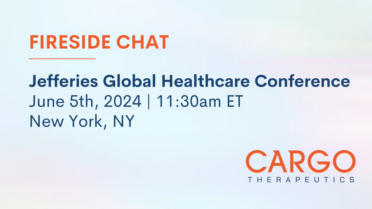 CARGOTx's tweet photo. Join CARGO’s President and CEO Gina Chapman for a fireside chat at the @Jefferies Global Healthcare Conference in New York, on June 5 at 11:30 a.m. EST, where she will share our latest company highlights. Learn more: https://t.co/saYVfBzYiF $CRGX #CART #JefferiesHealthcare https://t.co/uzC7HcYn6m