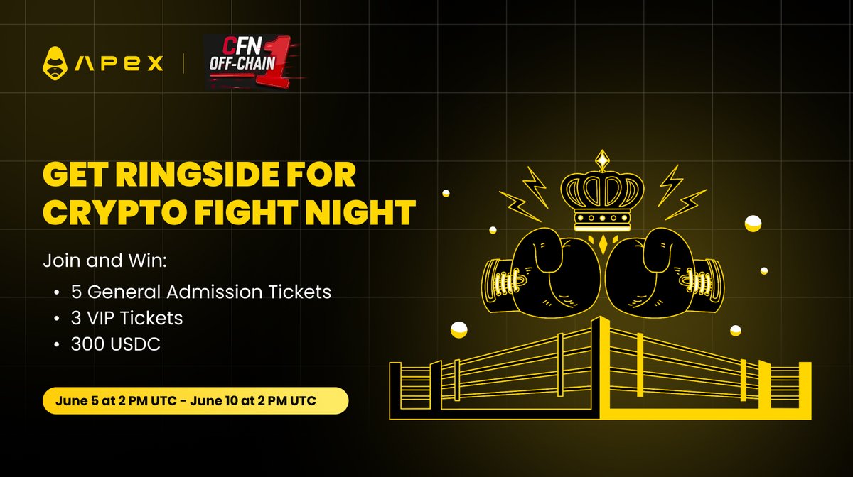 OfficialApeXdex's tweet photo. ICYMI — we're back in the ring as proud sponsors of @CryptoFightWeek!
To celebrate, we are hosting an exciting giveaway with:
🥊 300 $USDC &amp; 5 general admission tkts — for all!
🥊 3 VIP tkts — exclusively for content creators w/10K+ followers!
Join NOW: https://t.co/8oee6vZhsX https://t.co/yy02XaMX6X