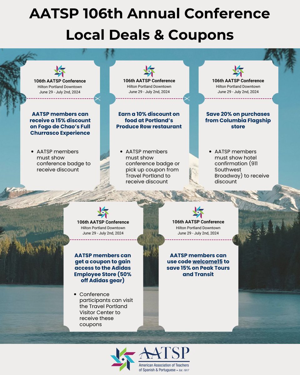 AATSPglobal's tweet photo. Don't miss out on these exclusive local deals and coupons related to AATSP's 106th Annual Conference!

For more information on these deals and coupons and to view more local information, view our Portland travel guide using the link below:

https://t.co/hHzyFE7onn https://t.co/oYeVRAnatB