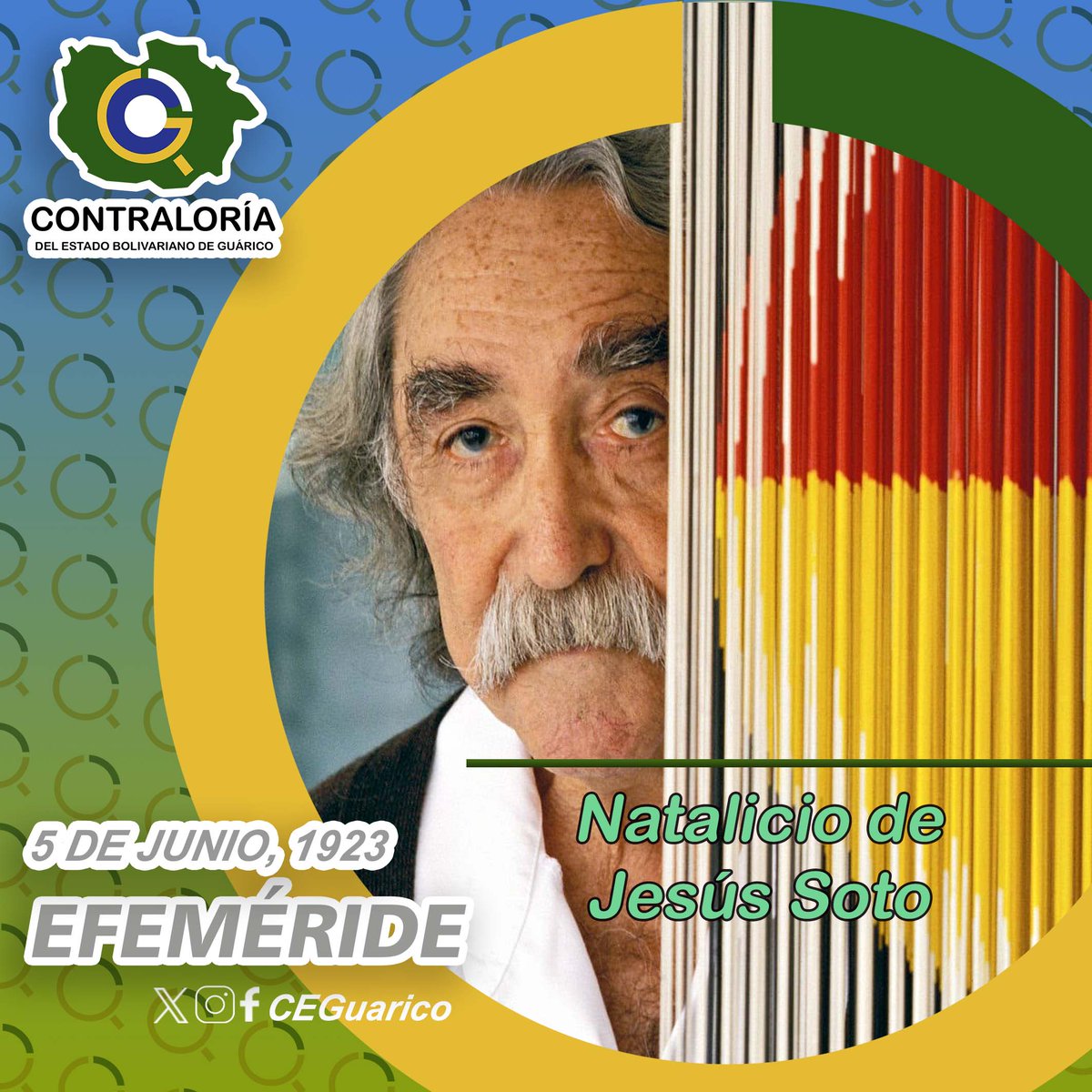 CEGuarico's tweet photo. #CEBGInforma #5Jun #TalDíaComoHoy en 1923 nace en Ciudad Bolívar, el pintor y exponente del arte cinético, Jesús Soto. Junto a Carlos Cruz Diez y otros, representó un movimiento artístico trascendental. #Efemeride @CGRVenezuela @jcpaez23 https://t.co/eDby9SCI9a