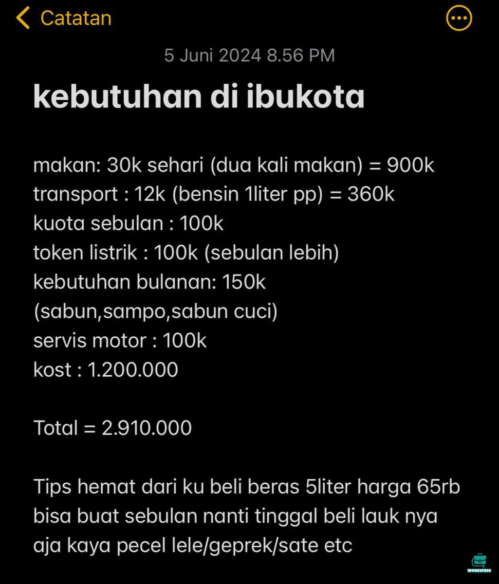 worksfess's tweet photo. work! ni gambaran dari aku yang tinggal dijakarta, siapa tau yang mau ngerantau butuh gambaran buat kalian. Jadi kalau merantau pastikan income nya di atas segitu ya biar aman karena itu belum masuk budget skincare / entertaint tiap orang yang berbeda beda https://t.co/bv5Ai0c5lL