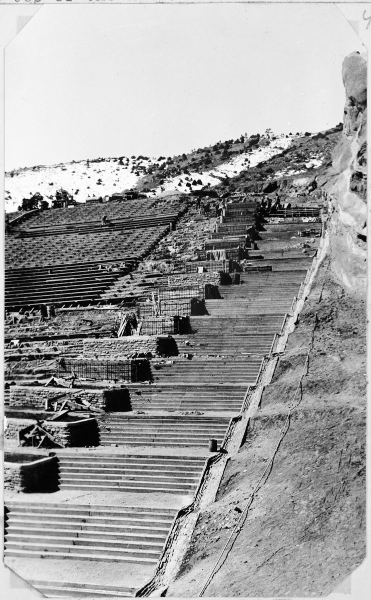 colohistory's tweet photo. Shows the seats and stairs under construction at Red Rocks Amphitheater, Red Rocks Park, Morrison, Jefferson County, Colorado.  (1930-1950) https://t.co/HSvYyoGkYY https://t.co/OvRckNmVv2