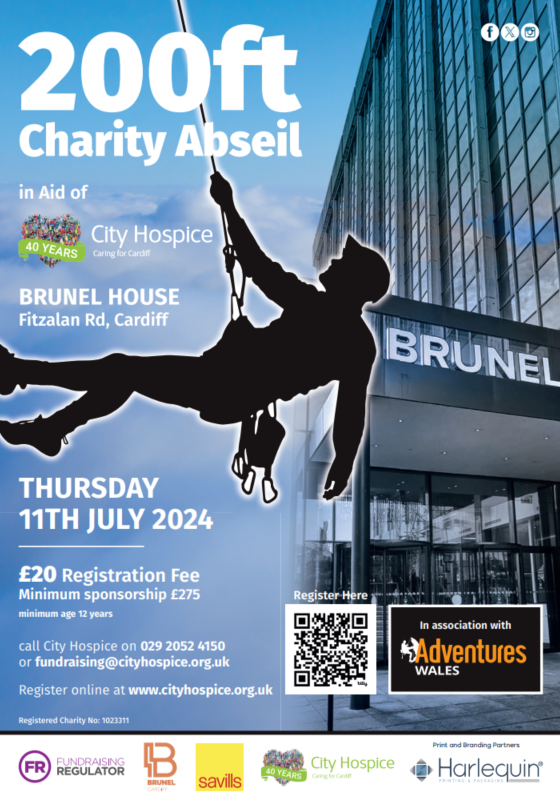 City Hospice 200ft Charity Abseil, taking place at Brunel House, one of Cardiff’s tallest buildings. Whether you’re a thrill seeker or someone looking to step out of their comfort zone, this is an experience you won’t want to miss!