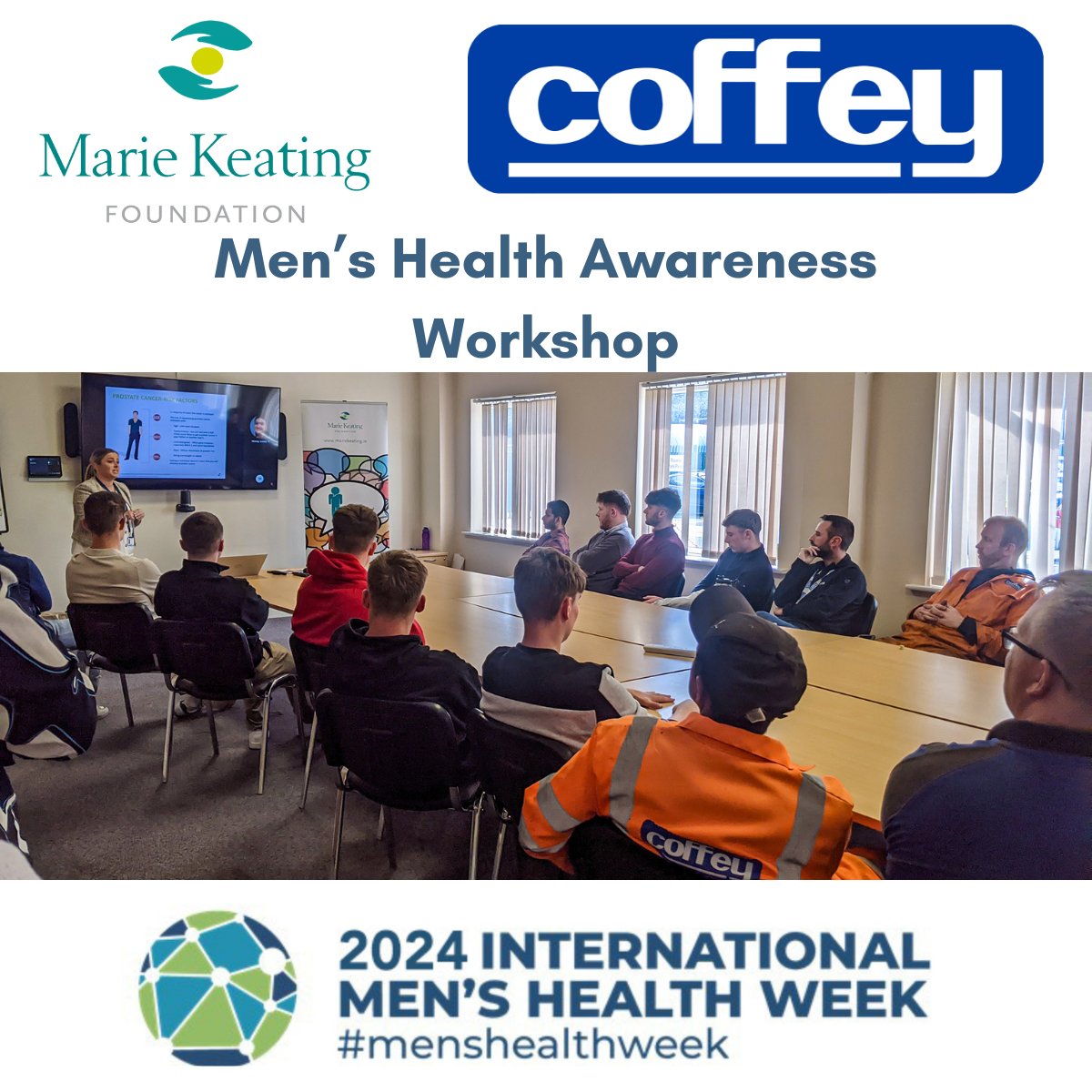 CoffeyGroup's tweet photo. #MensHealthAwareness week at Coffey! Partnered with @mariekeatingfoundation  for an informative talk. We prioritize employee wellbeing &amp; we  hosted a session on men's health &amp; cancer prevention.  #Coffey #health #wellbeing https://t.co/TxfYOGFsNE