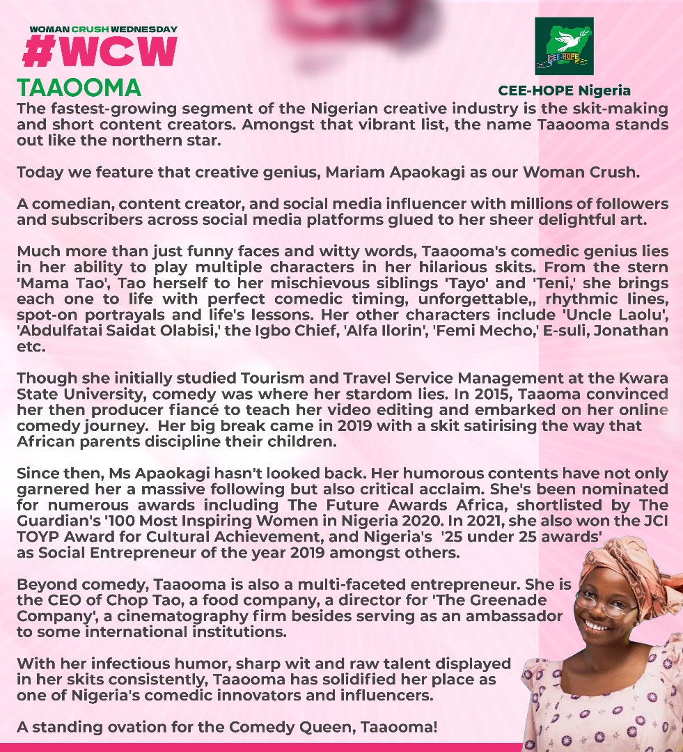 ceehopenigeria's tweet photo. The 25 year-old sensational humour merchant and endearing skit maker, @_Taaooma is our #WomanCrush today.
#WomanCrushWednesday
#WomanOnTheMove
#BestOfNigeria
#WomanCrush
#WCWed
#WCW https://t.co/UGhc1VhVll