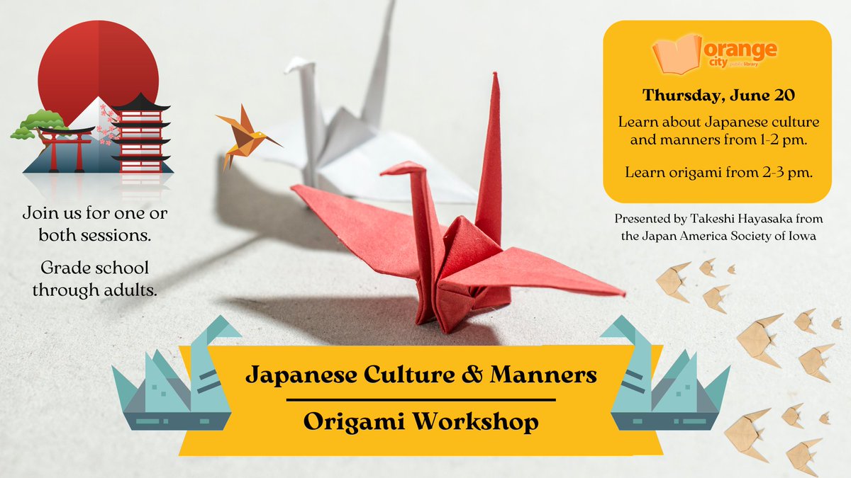 June 20, Takeshi Hayasaka, a cultural coordinator for the Japan America Society of Iowa, will present a class on Japanese Culture and Manners from 1-2pm. Following this at 2, he will lead a workshop on origami. Come to one or both sessions.
