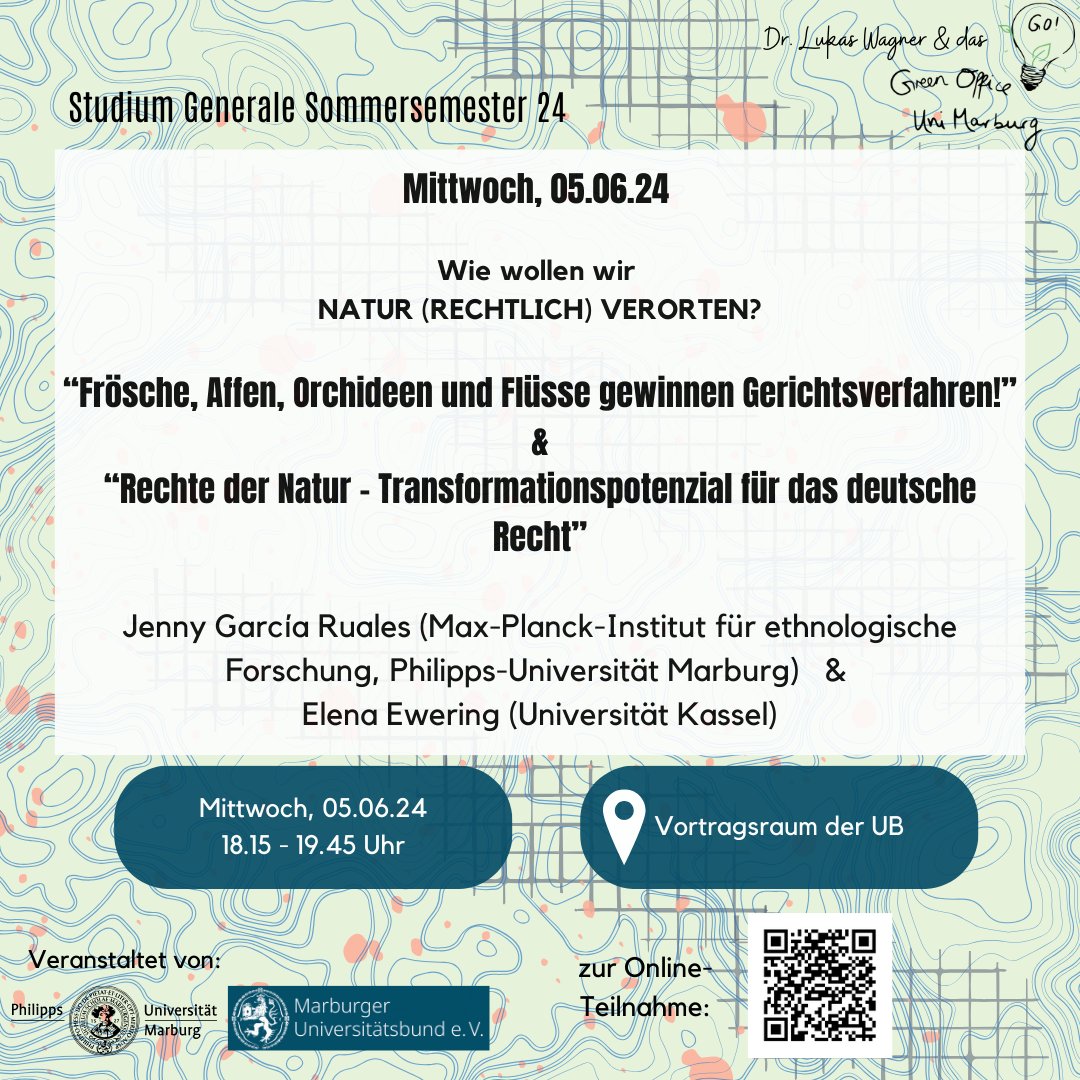 Lukas Wagner (@lukasw_solar) on Twitter photo Heute bei den #Marburg #Sustainability Talks: Wie wollen wir Natur rechtlich verorten?
Ich freue mich auf spannende Vorträge von Jenny García Ruales <a href="/JkillaGR/">Jenny García Ruales</a> (<a href="/Uni_MR/">Philipps-Universität</a>) und Elena Ewering (<a href="/uni_kassel/">Universität Kassel</a>). Heute bei den #Marburg #Sustainability Talks: Wie wollen wir Natur rechtlich verorten?
Ich freue mich auf spannende Vorträge von Jenny García Ruales <a href="/JkillaGR/">Jenny García Ruales</a> (<a href="/Uni_MR/">Philipps-Universität</a>) und Elena Ewering (<a href="/uni_kassel/">Universität Kassel</a>).