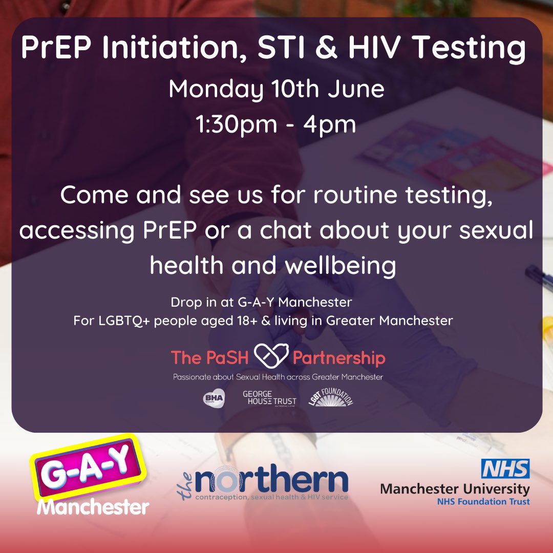 Monday 10th June is our monthly one-stop sexual health testing and PrEP initiation session at <a href="/gaymanchester/">PETER HAGANS</a> drop in and see us between 1:30pm and 4pm. #sexualhealth in partnership with <a href="/TheNorthernISH/">The Northern ISH</a>