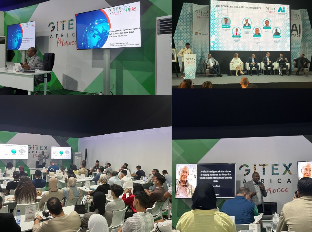 dsn_ai_network's tweet photo. Today, we are recapping our moments at #GITEXAfrica!

Our 7-man team proudly represented us at #GITEXAfrica, where we showcased our Afrocentric LLM-enabled solutions, including #Afrollm, #uLearn and #Finchat.

The event featured about 1,400 tech leaders from across Africa, displaying groundbreaking innovations driving the continent’s digital transformation. This highlights Africa’s tech community as the next big thing on the global stage.

Each day of the event was power-packed with fulfilling interactions with tech giants and leaders from all over the world.

Notable visitors to our stand included the Honourable Minister of State for Health in Nigeria, @DrTunjiAlausa, the Director General of @NITDANigeria, @KashifuInuwa, and the Lagos State Commissioner for Health, @ProfAkinAbayomi, along with their teams. We discussed our AI-powered micro planning Health Chatbot and demonstrated how our LLM-enabled products are addressing challenges in health, education, and financial sectors.

A major highlight was our founder, @bayoadekanmbi, facilitating two sessions on the use and application of Generative AI for business leaders, organizations, and governments.

Additionally, as a key player in Nigeria’s tech community, we are excited about the announcement of #GITEXNigeria 2025, which will feature AI Everything, Future Finance, Health Tech 5.0, and North Star Startups and Scaleups.

Thank you to everyone who visited our stand. We look forward to continuing our discussions on ways we can partner and collaborate to elevate the Africa Tech community on the world stage.

#DSNaiatGITEXAFRICA #dsnai #datascientistsnetwork #datasciencenigeria #dsn #marrakech #gitexafricamorocco