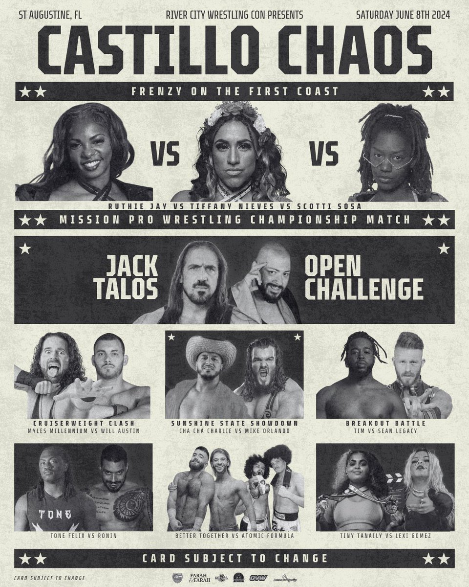 RCWCofficial's tweet photo. Get ready for an epic Saturday showdown! The wrestling lineup is live and it's going to be a blast! 💥🤼‍♂️ #RCWC #StAugustine

.@tiffanynieves_ .@superiorqween .@scottisosa .@jack_talos .@emerald_emperor .@tanailysuplex https://t.co/WkvfGxp6CF