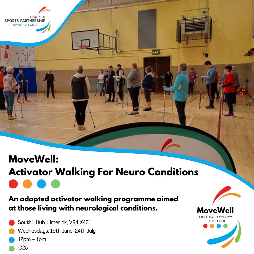 Limericksports's tweet photo. ✨ MoveWell: Activator Walking for Neuro Conditions 🚶‍♀️

📍 Southill Hub
📆 Wednesdays: 19th June-24th July, 2024
⏰ 12pm – 1pm
💶 €25
🔗 https://t.co/xSr5ZFWpNM

@sportireland @Limerick_ie @UL @HealthyLimerick @MSIRELAND @ParkinsonsIre @Southill1
#Movewell #ActivatorWalking https://t.co/gPRMBAba2H